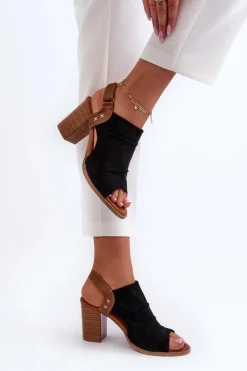 Sandały Damskie Na Słupku Ażurowe Czarne Rosca