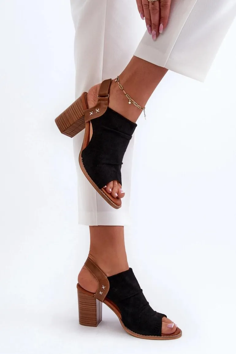 Sandały Damskie Na Słupku Ażurowe Czarne Rosca