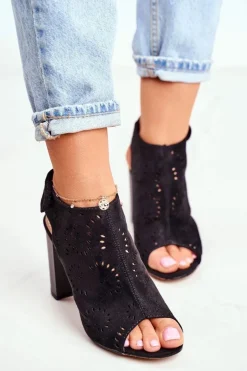 Sandały Damskie Na Słupku Ażurowe Na Rzep Czarne Rules