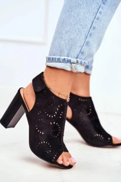 Sandały Damskie Na Słupku Ażurowe Na Rzep Czarne Rules