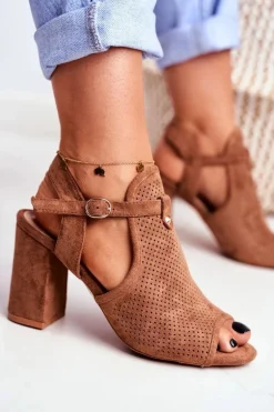 Sandały Damskie Na Słupku Ażurowe Brązowe Kira