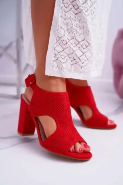 Sandały Damskie Na Słupku Ażurowe Zamszowe Czerwone HiBaby