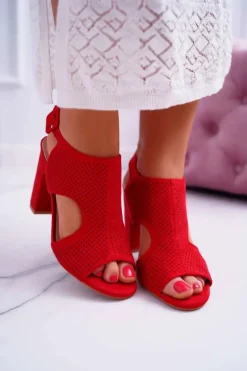 Sandały Damskie Na Słupku Ażurowe Zamszowe Czerwone HiBaby