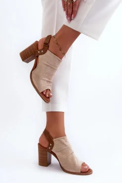 Sandały Damskie Na Słupku Ażurowe Beżowe Rosca