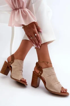 Sandały Damskie Na Słupku Ażurowe Beżowe Rosca