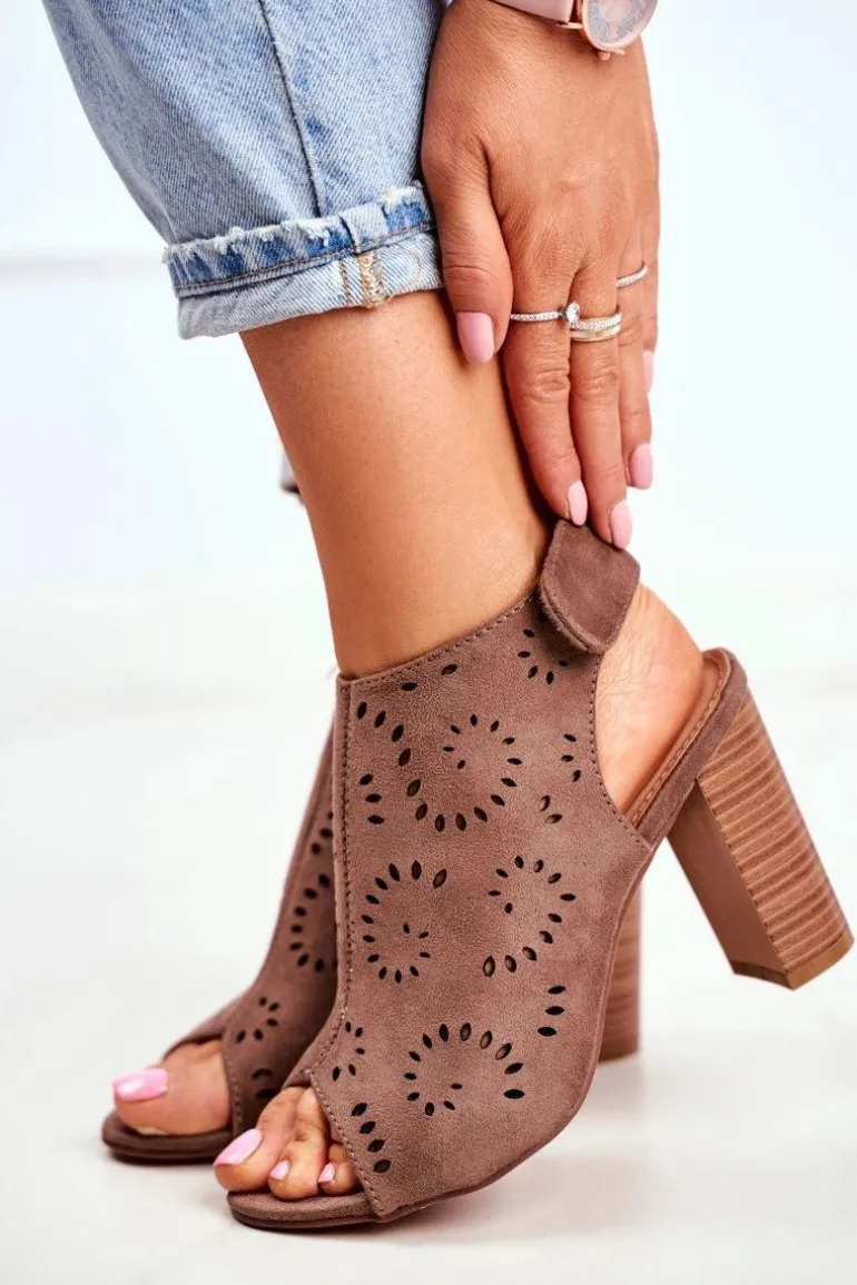 Sandały Damskie Na Słupku Ażurowe Na Rzep Khaki Rules