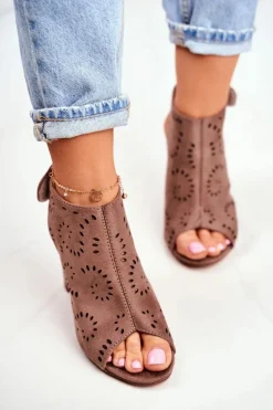 Sandały Damskie Na Słupku Ażurowe Na Rzep Khaki Rules