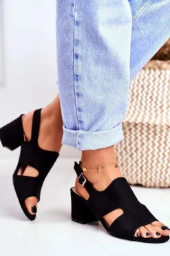 Sandały Damskie Na Słupku Ażurowe Czarne Valery