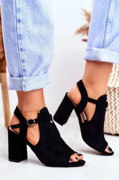 Sandały Damskie Na Słupku Ażurowe Czarne Kira