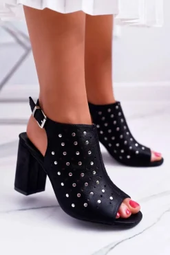 Sandały Damskie Na Słupku Ażurowe z Dżetami Czarne Hendrix