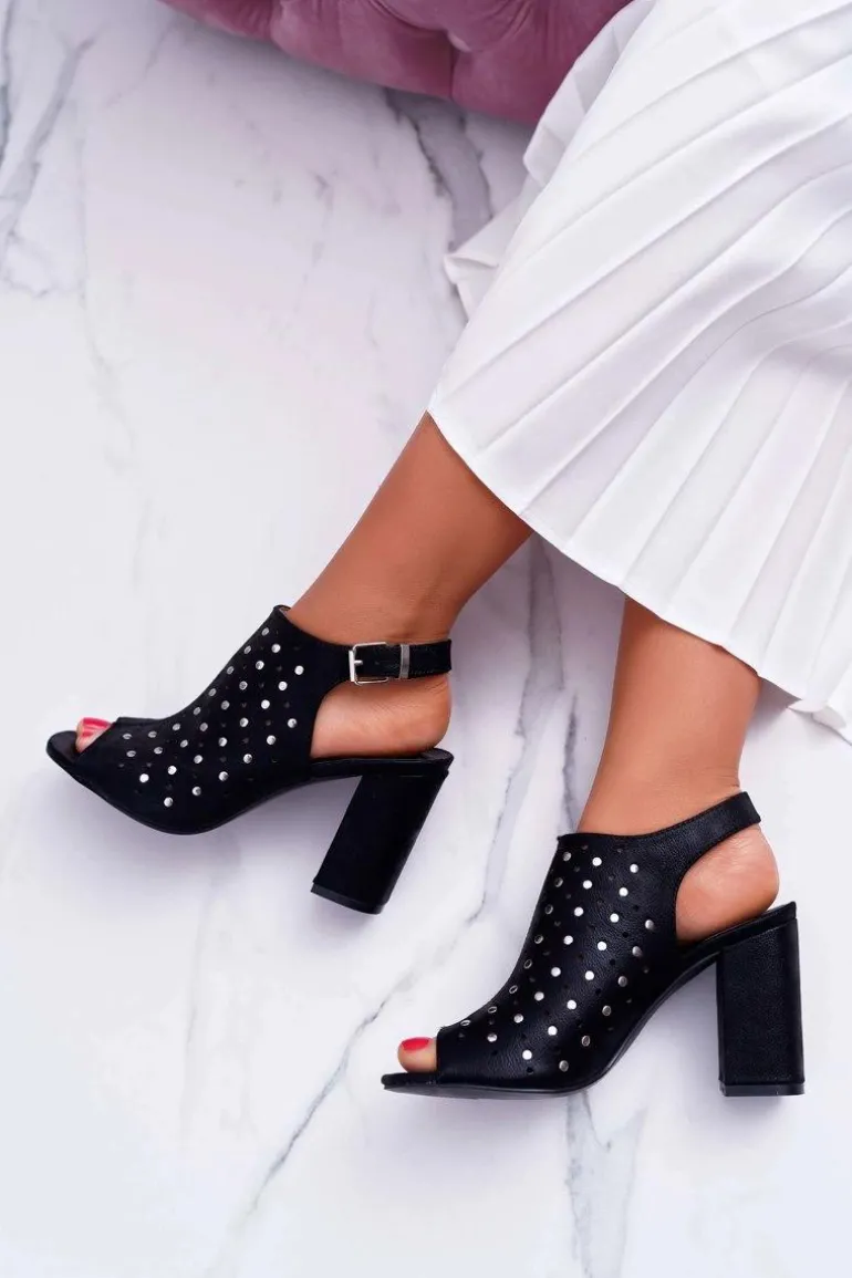 Sandały Damskie Na Słupku Ażurowe z Dżetami Czarne Hendrix