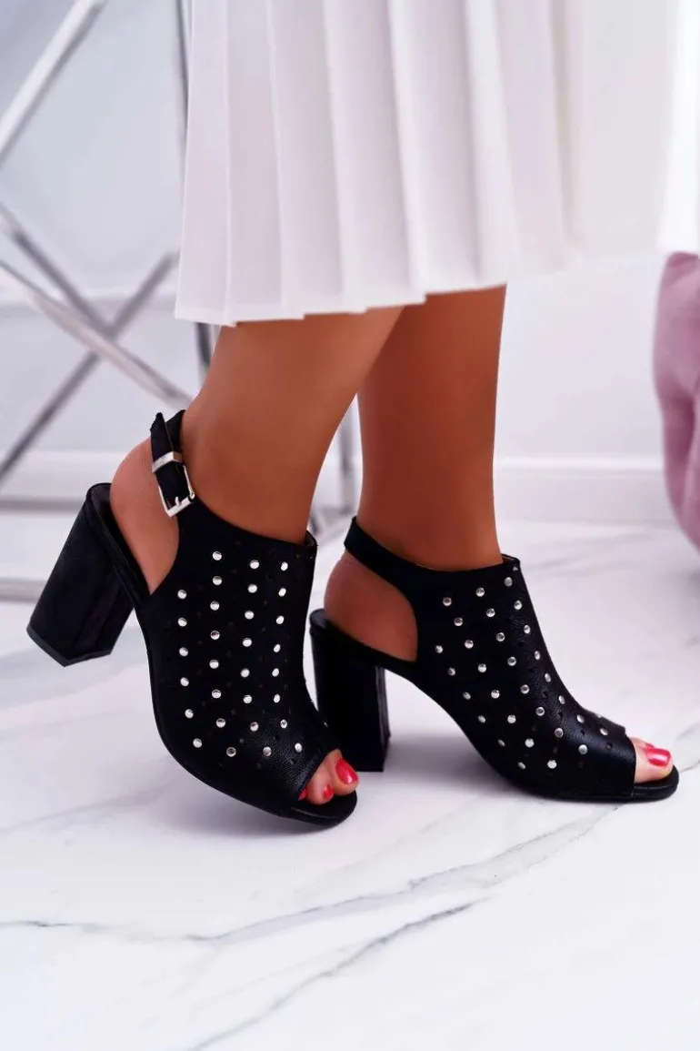 Sandały Damskie Na Słupku Ażurowe z Dżetami Czarne Hendrix