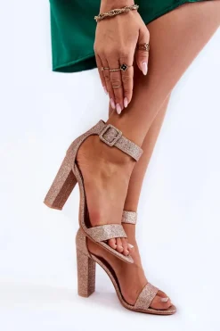 Sandały Damskie Na Słupku Brokat Złote Joalice