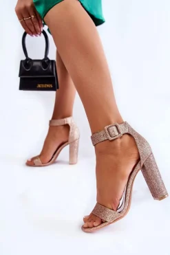 Sandały Damskie Na Słupku Brokat Złote Joalice