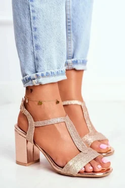 Sandały Damskie Na Słupku Brokatowe Champagne Perfecto