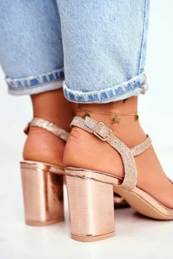 Sandały Damskie Na Słupku Brokatowe Champagne Perfecto