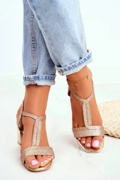 Sandały Damskie Na Słupku Brokatowe Złote Perfecto