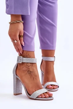 Sandały Damskie Na Słupku Brokat Srebrne Joalice