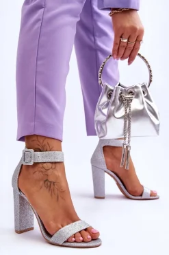 Sandały Damskie Na Słupku Brokat Srebrne Joalice