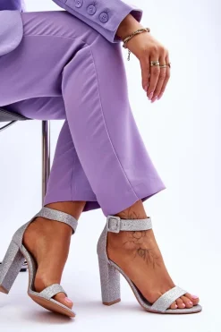 Sandały Damskie Na Słupku Brokat Srebrne Joalice