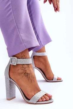 Sandały Damskie Na Słupku Brokat Srebrne Joalice