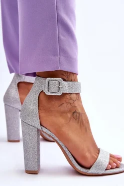 Sandały Damskie Na Słupku Brokat Srebrne Joalice