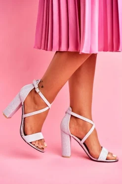 Sandały Damskie Na Słupku Brokatowe Srebrne Vivi