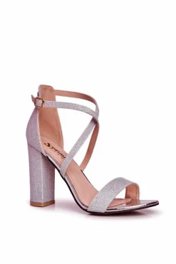 Sandały Damskie Na Słupku Brokatowe Srebrne Vivi