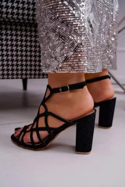 Sandały Damskie Na Słupku Brokatowe Czarne Gete