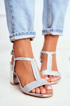 Sandały Damskie Na Słupku Brokatowe Srebrne Perfecto
