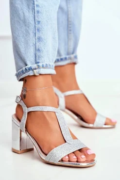 Sandały Damskie Na Słupku Brokatowe Srebrne Perfecto