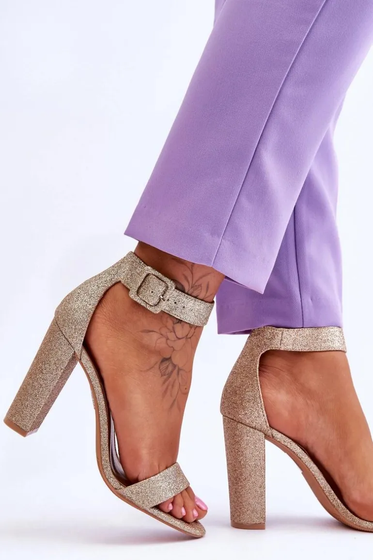 Sandały Damskie Na Słupku Ciemny Złoty Brokat Joalice