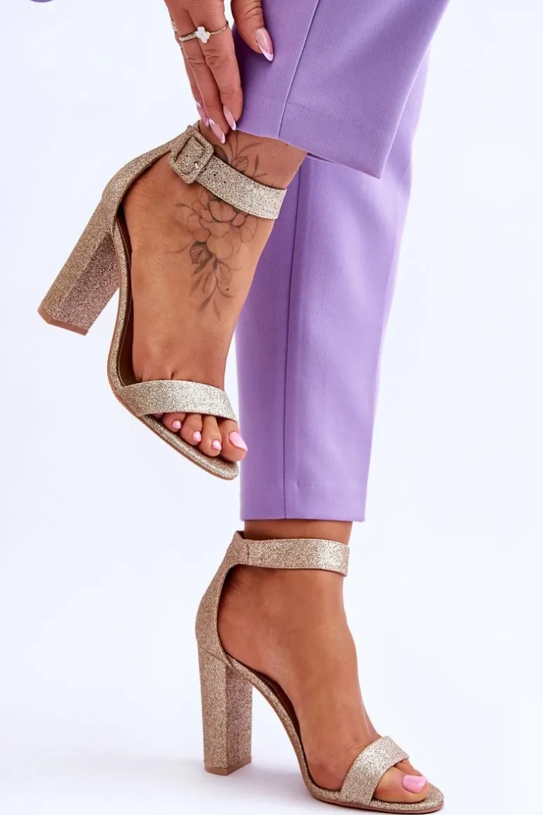 Sandały Damskie Na Słupku Ciemny Złoty Brokat Joalice