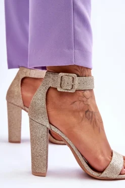Sandały Damskie Na Słupku Ciemny Złoty Brokat Joalice