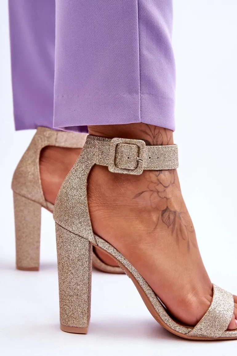 Sandały Damskie Na Słupku Ciemny Złoty Brokat Joalice