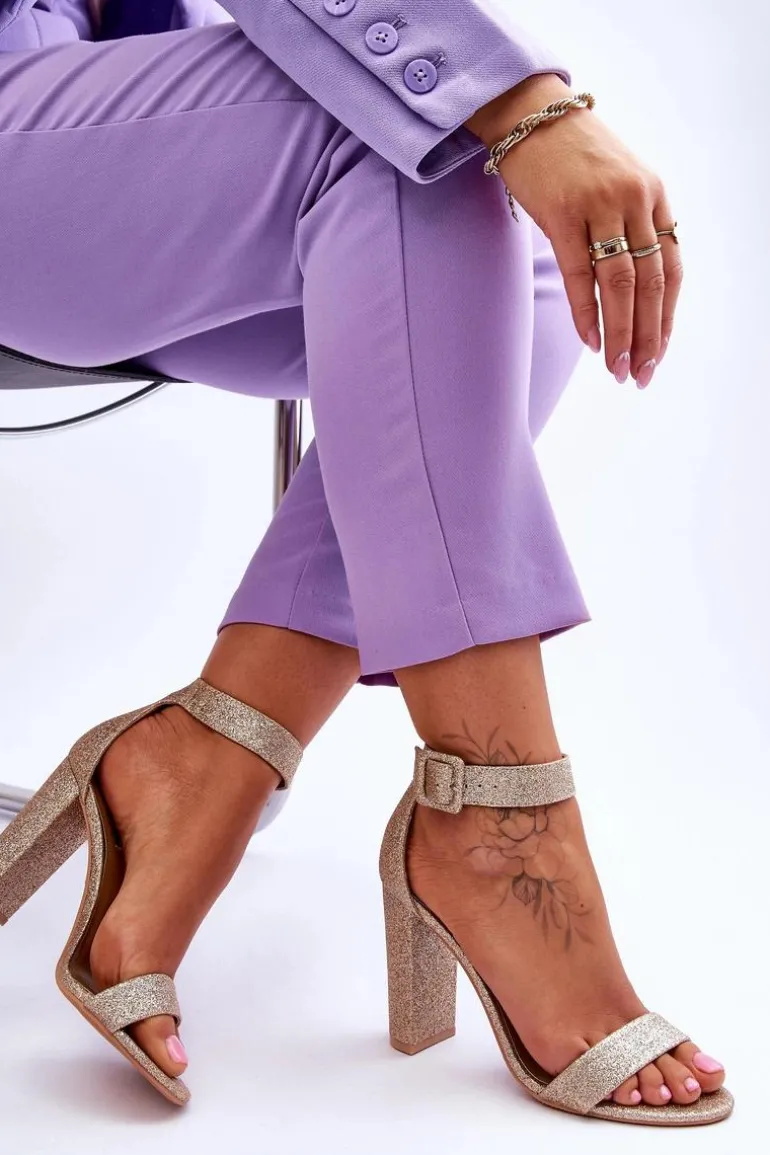 Sandały Damskie Na Słupku Ciemny Złoty Brokat Joalice