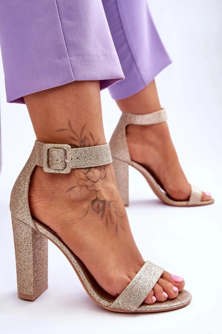 Sandały Damskie Na Słupku Ciemny Złoty Brokat Joalice