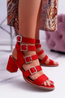 Sandały Damskie Na Słupku Gladiatorki Zamsz Czerwone Nella