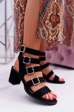 Sandały Damskie Na Słupku Gladiatorki Zamsz Czarne Nella