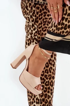 Sandały Damskie Na Słupku I Platformie Eko Skórzane Beżowe Lomman