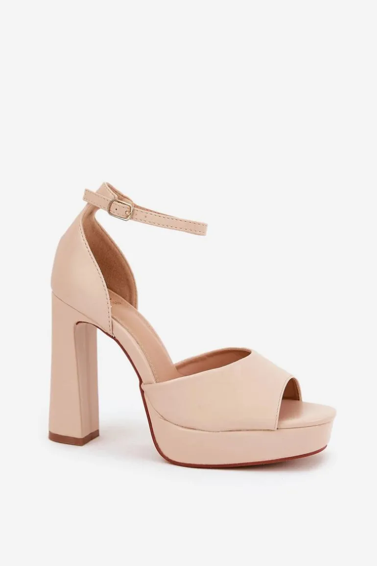 Sandały Damskie Na Słupku I Platformie Eko Skórzane Beżowe Lomman