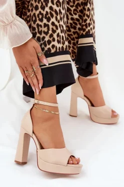 Sandały Damskie Na Słupku I Platformie Eko Skórzane Beżowe Lomman