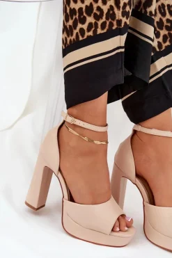 Sandały Damskie Na Słupku I Platformie Eko Skórzane Beżowe Lomman