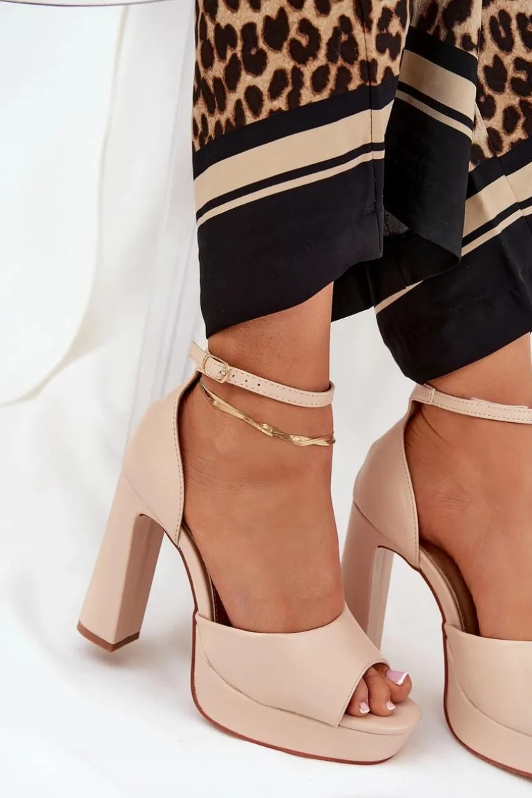 Sandały Damskie Na Słupku I Platformie Eko Skórzane Beżowe Lomman