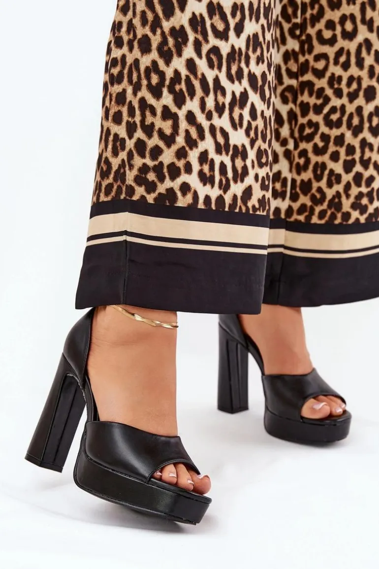 Sandały Damskie Na Słupku I Platformie Eko Skórzane Czarne Lomman