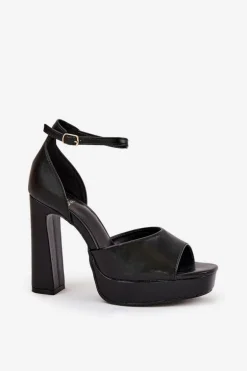 Sandały Damskie Na Słupku I Platformie Eko Skórzane Czarne Lomman