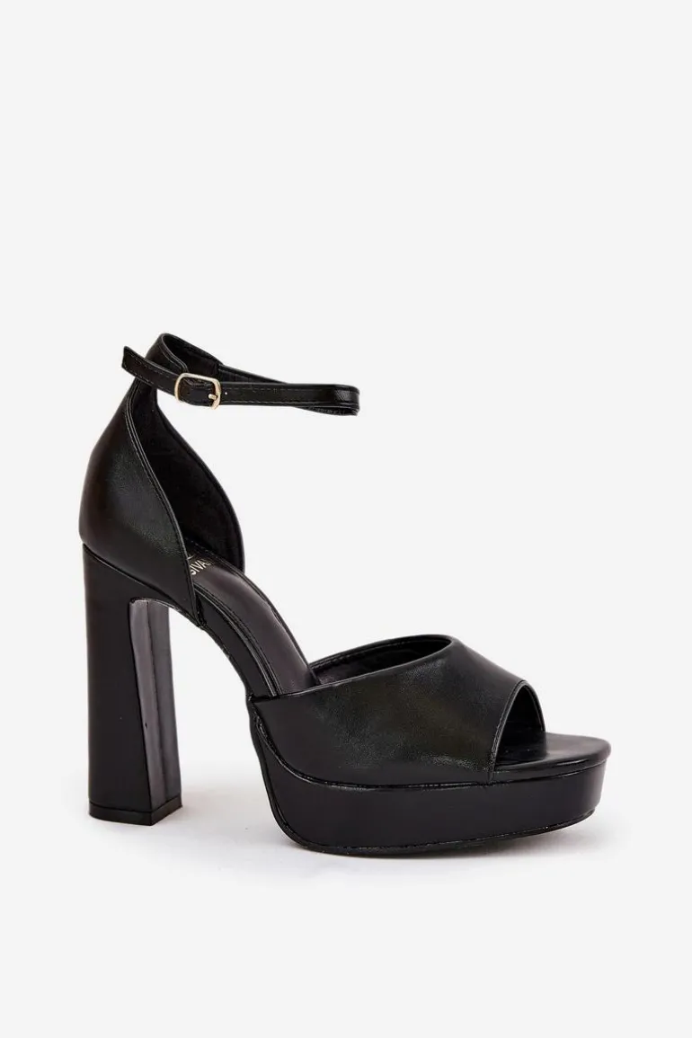 Sandały Damskie Na Słupku I Platformie Eko Skórzane Czarne Lomman