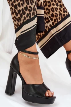 Sandały Damskie Na Słupku I Platformie Eko Skórzane Czarne Lomman