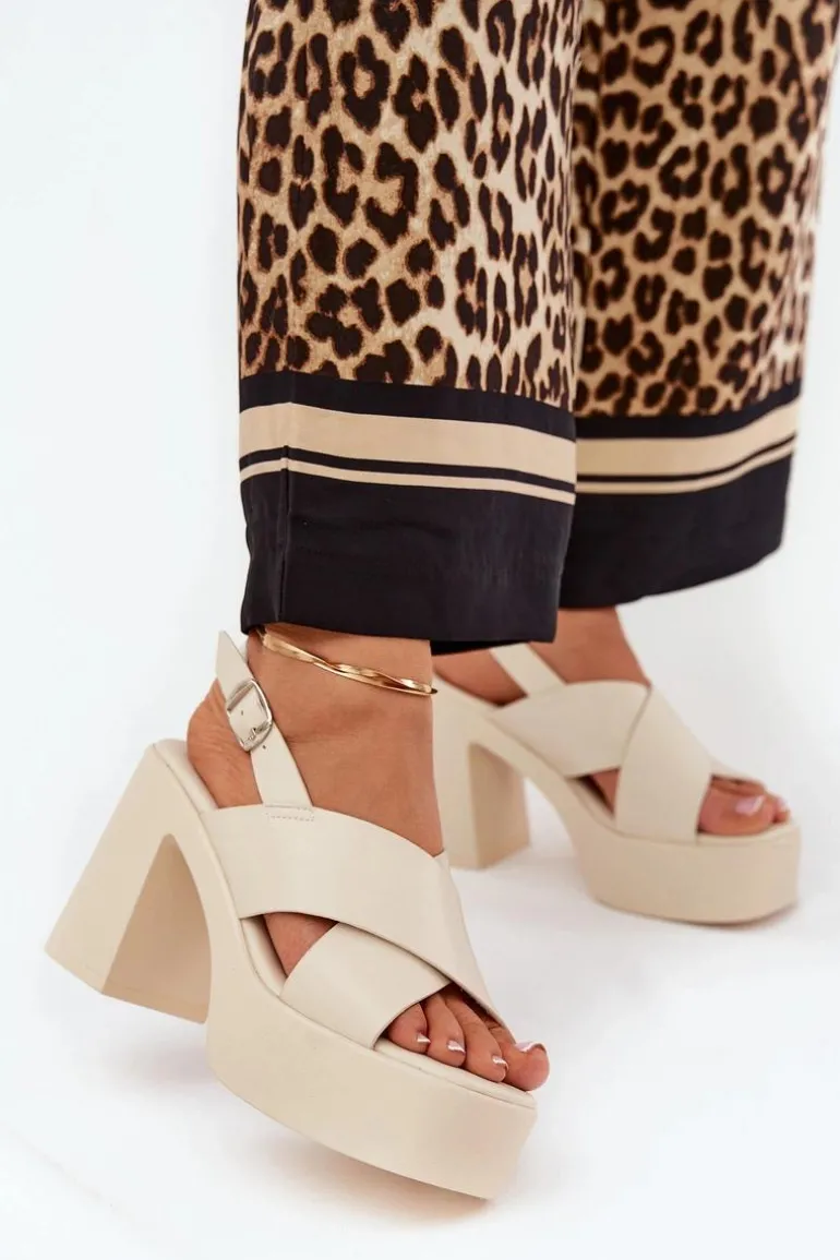 Sandały Damskie Na Słupku I Platformie Z Eko Skóry Jasnobeżowe Annavin