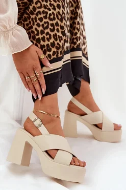 Sandały Damskie Na Słupku I Platformie Z Eko Skóry Jasnobeżowe Annavin